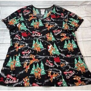 Rudolph Red Nose Reindeer XL Scrub Top Medical Don't Believe Me Watch Christmas